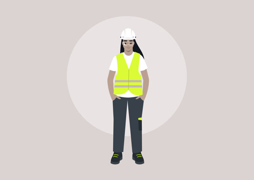 A young character in a repair worker uniform, adorned with a yellow high-visibility vest, hard hat, and polo shirt, standing with their hands in pockets