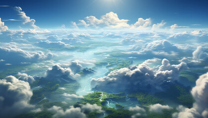 Naklejka premium Blue sky, fluffy clouds, bright sun, idyllic landscape, above water generated by AI