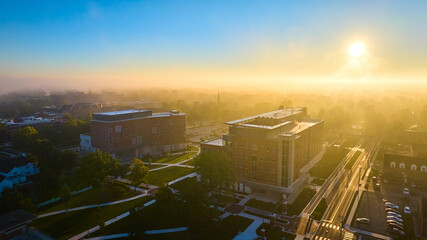 College campus aerial golden dawn sunrise Ball State University Muncie, Indiana