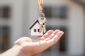 Detail of a hand receiving the keys to the new house, real estate sale concept.