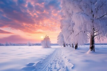  the sun is setting in the sky over a snow covered field with trees and a path leading to a snow covered field with snow covered trees in the foreground.