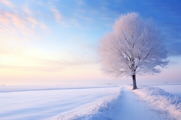  a lone tree stands in the middle of a snow - covered field as the sun shines in the distance in the distance, with a blue sky in the background.