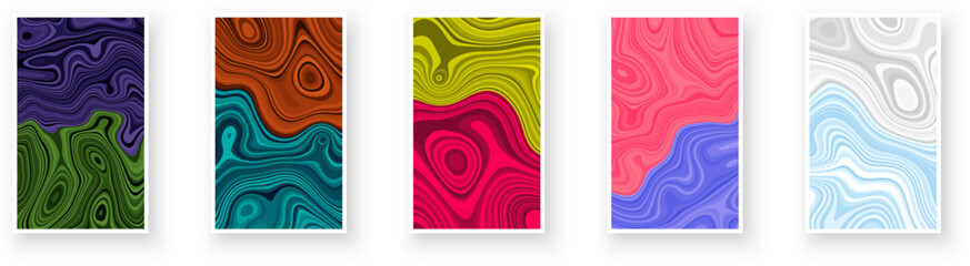 Set of colorful abstract poster designs with optical interference and liquid effect . Illusion of movement for banner, flier, invitation, cover, business card.