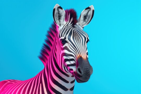  a close up of a zebra's head with a blue sky in the backgrounnd of the image and a pink and black zebra's head in the foreground.