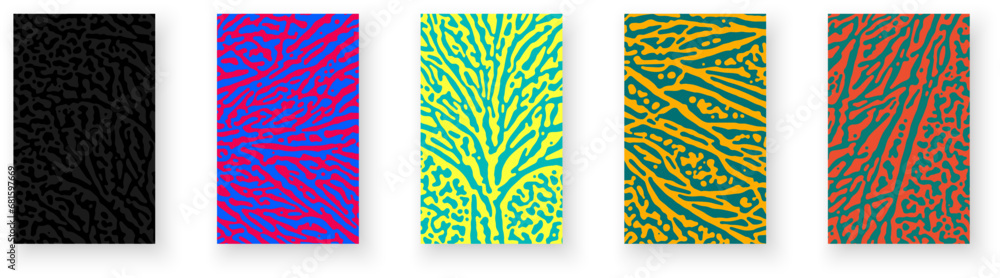 Poster set of paper cards with textured pattern design and rough contrast reaction diffusion tree lines. ps