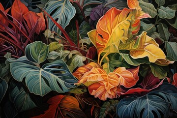  a painting of a bunch of leaves on a black background with red, yellow, green, and orange colors in the center of the leaves 