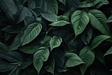  a close up of a bunch of green leaves on a black background with a black background and a black background with a green leafy pattern on the top of the leaves.