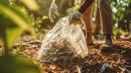 Eco-conscious individual removing plastic waste outdoors.