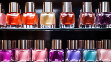 Close-up of a row of colorful nail polish bottles in a nail salon.