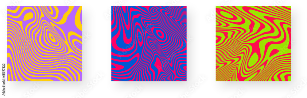 Poster set of contrast abstract poster designs with optical interference effect. illusion of movement for b