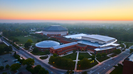 Worthen Arena aerial at sunrise with empty campus roads Ball State University at Muncie, Indiana
