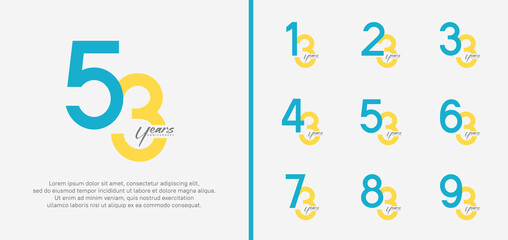 set of anniversary logo blue and yellow color number on white background for celebration
