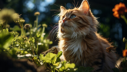 Naklejka na ściany i meble Cute kitten sitting in grass, enjoying the summer sunlight generated by AI