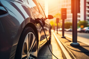 Electric car stands at a charging station and charges electricity with cable, reflective sunlight, modern look