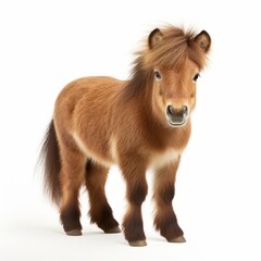 cute brown mini Shetland pony with winter coat in front of a white background