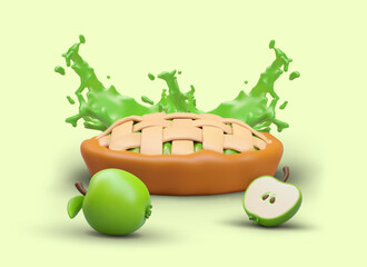 Apple pie, sliced apple and splash of tasty juice on green background. Sweet bakery with fruits. Traditional homemade apple pie. Vector illustration in 3d style