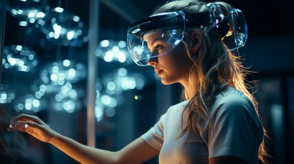 an attractive blonde young woman with futuristic head-up glasses, hand outstretched, she is working on the future, blue tech Background