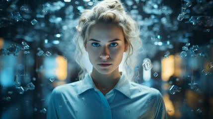 an attractive blonde young woman in blue light surrounded by transparent fragments, staring into the camera