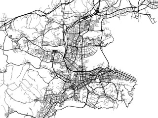 Vector road map of the city of Dalian in the People's Republic of China (PRC) with black roads on a white background.