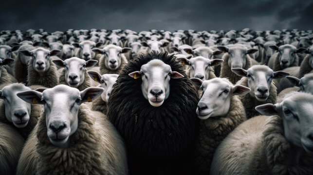 This captivating image captures a black sheep standing out among a group of white sheep against a clean backdrop, representing distinctiveness and diversity.