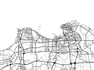 Vector road map of the city of Haikou in the People's Republic of China (PRC) with black roads on a white background.