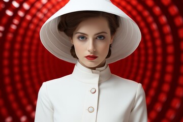 Woman with pale skin, red lips, brown hair, a white umbrella hat and a white suit in front of a red circle background