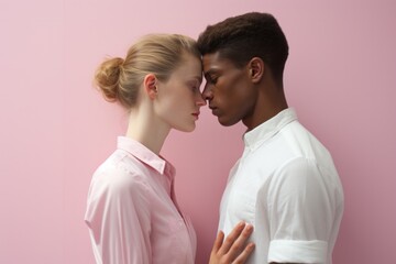 Two very pretty people in front of a pink background a light-skinned woman with blond hair and a dark-skinned man with black hair looking into each other's eyes head to head in love