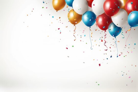  a bunch of balloons with confetti and streamers on a white background with a place for a text or an image to put on the bottom of the image.