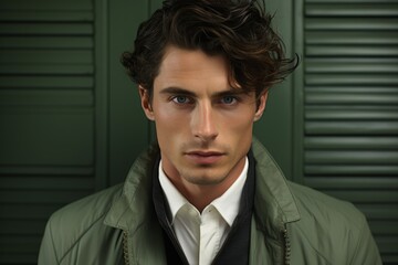 an attractive male model portrait with a green jacket in front of a dark green background