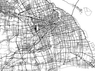 Vector road map of the city of Shanghai in the People's Republic of China (PRC) with black roads on a white background.
