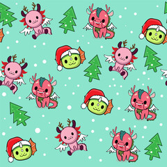 Merry Christmas and Happy New Year seamless pattern with Little dragons in Santa Clause Hat. Vector illustration stickers of kawaii style. Chinese symbol new year