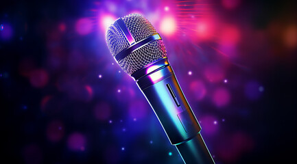 A glowing microphone with a background with a burst of colours. Ideal for karaoke poster.