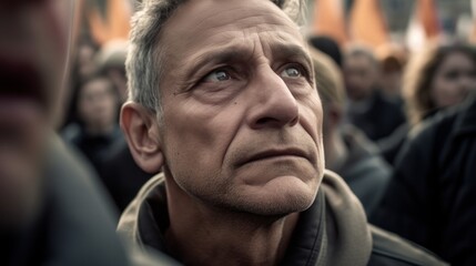 serious older man looking upwards in a crowd of people, only he recognisable