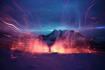  a mountain covered in snow under a cloudy sky with red and blue streaks of light coming out of the top of the mountain in the middle of the foreground.
