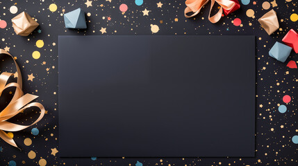 Slate board and confetti on black background, top view. Space for text