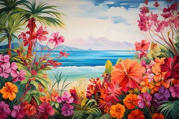 Fototapeta na wymiar a painting of a tropical scene with flowers and a body of water in the distance with a mountain range in the distance and a blue sky with clouds in the background.