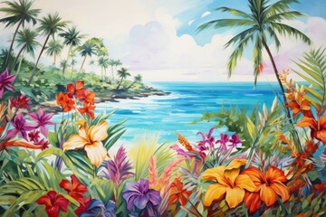 Fototapeta na wymiar a painting of a tropical scene with flowers and palm trees in the foreground and a body of water in the background with blue sky and clouds in the background.