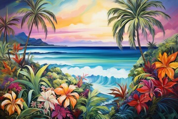 Fototapeta na wymiar a painting of a tropical sunset with palm trees and flowers in the foreground and a large body of water in the background with a mountain range in the distance.