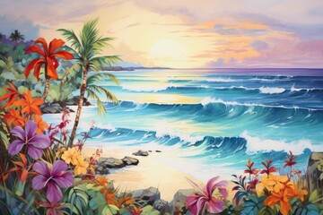  a painting of a tropical beach with flowers and palm trees in the foreground and the ocean in the background, with a sunset in the middle of the painting.