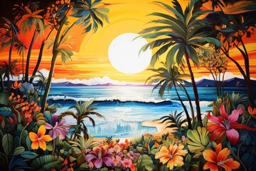 Fototapeta na wymiar a painting of a tropical sunset with palm trees and flowers in the foreground and a body of water in the background with a yellow sun setting in the distance.