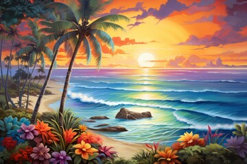 Fototapeta na wymiar a painting of a sunset on a tropical beach with palm trees and flowers on the shore of a body of water with a rock in the middle of the water.