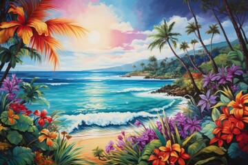  a painting of a tropical beach scene with palm trees and flowers in the foreground and the ocean on the far side of the painting is a bright blue sky.