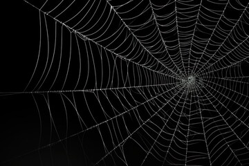  a close up of a spider's web with water droplets on the spider's web in the center of the spider's web, on a black background.