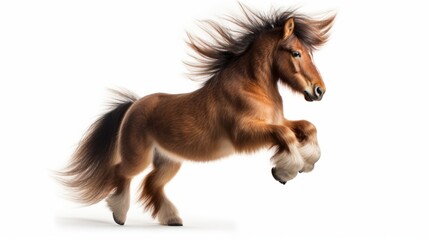 a Shetland pony with a wild mane and tail rising with its front hooves against a white background