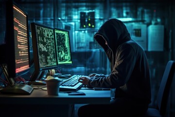  a person sitting at a desk in front of a computer with a hoodie on and a cup of coffee in front of the monitor and a computer screen with images on it.