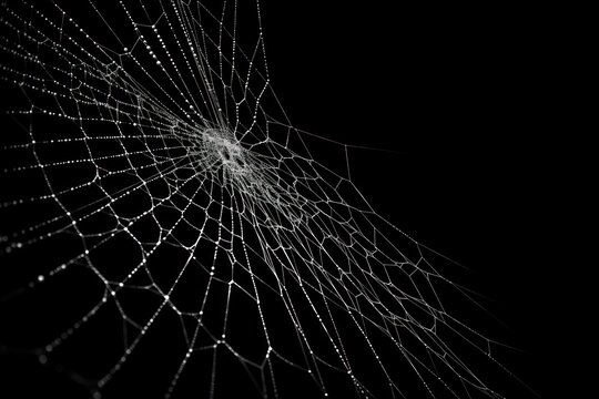  a black and white photo of a spider web with drops of water on the spider's web in the center of the spiderwebwebweb.