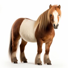 brown white pony portrait standing in front of a white background