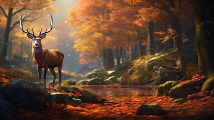 Beautiful illustration of a reindeer in a picturesque autumn environment, with the leaves on the ground emphasizing its assured gait.