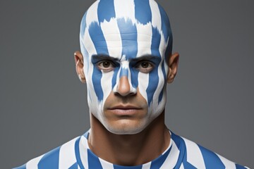male fan of Argentina with bald head and face painted in white blue stripes