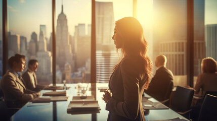 Business woman sitting in an city skyline window office boardroom with her team on Defocused Bokeh flare office background - obrazy, fototapety, plakaty